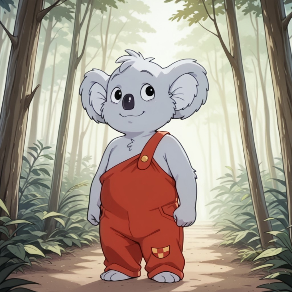 masterpiece, best quality, amazing quality, Blinkybbil, semi-anthro, male, Koala, grey fur, black eyes, one strap red overalls, standing, in a forest, happy