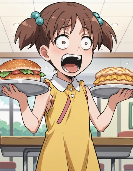 score_9, score_8_up, score_7_up, source_anime, <lora:kana-hazamaya-s1-ponyxl-lora-nochekaiser:1>, kana hazamaya, short hair, brown hair, hair ornament, twintails, brown eyes, hair bobbles, short twintails, child, anime screencap,, dress, sleeveless, yellow dress, cafeteria, tables, food trays, chairs, line, , <lora:enel-face-ponyxl-lora-nochekaiser:1> enel face, open mouth, wide-eyed, teeth, tongue,, looking at viewer, solo,, dutch angle, cowboy shot