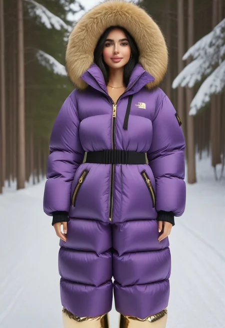 ((((puffer padded jacket)))), ((((puffer padded coat)))), ((((full body)))), ((((fur boots)))), ((((puffer pants)))), ((((puffer hood up)))), winter, snow, forest, 1girl, solo, (masterpiece), detailed face, detailed eyes, (beautiful detailed eyes:1.5), sidelighting, (super detail, hyper detail, intricate_details, detailed), (semi realistic:1.6), (Bob cut), blunt bangs,(black hair), (purple eyes, eyelashs), tanned skin, smug smile, angry face, Golden jewelery, golden rings, golden necklace, golden armlets, golden chains, padded cuffs, padded collar, Thick padded cuffs, Thick padded collar, <lora:Collar-SDXL:0.6>, <lora:Cuffs-SDXL:0.6>, <lora:Puffer_Jacket_and_Down_Jacket_-_Extra_Puffy_Jackets:0.4>, <lora:snowpants_v1:0.4>