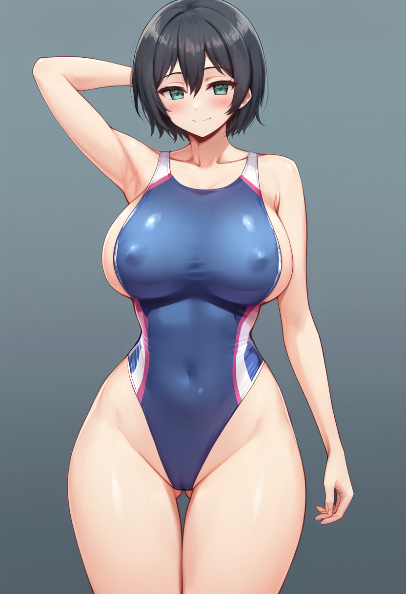 score_9, score_7_up,  1girl, 
solo, huge breasts, wide hips, thick thighs, closed mouth, green eyes, cameltoe, looking at viewer, smile, collarbone, hair between eyes, ass visible through thighs, breasts, bare shoulders, short hair, covered nipples, thighs, arm behind head, arm up, one-piece swimsuit, bare legs, artist name, swimsuit, legs together, competition swimsuit, shiny skin, highleg swimsuit, blush, black hair, arm at side, standing, highleg
 <lora:deadnoodles-Style-PonyXL-GLoRA-000049:1>