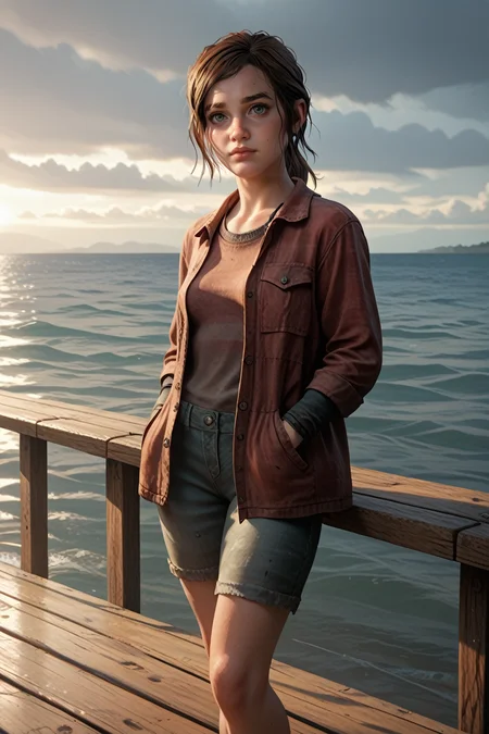 score_9, score_8_up, score_7_up, score_6_up
<lora:TLOUEllie:0.8>
TLOUEllie, 1girl, ponytail, brown hair, green eyes, looking at viewer, standing on a pier, looking out at the ocean, hands in pockets, overcast sky with hints of sunlight breaking through, calm and introspective atmosphere