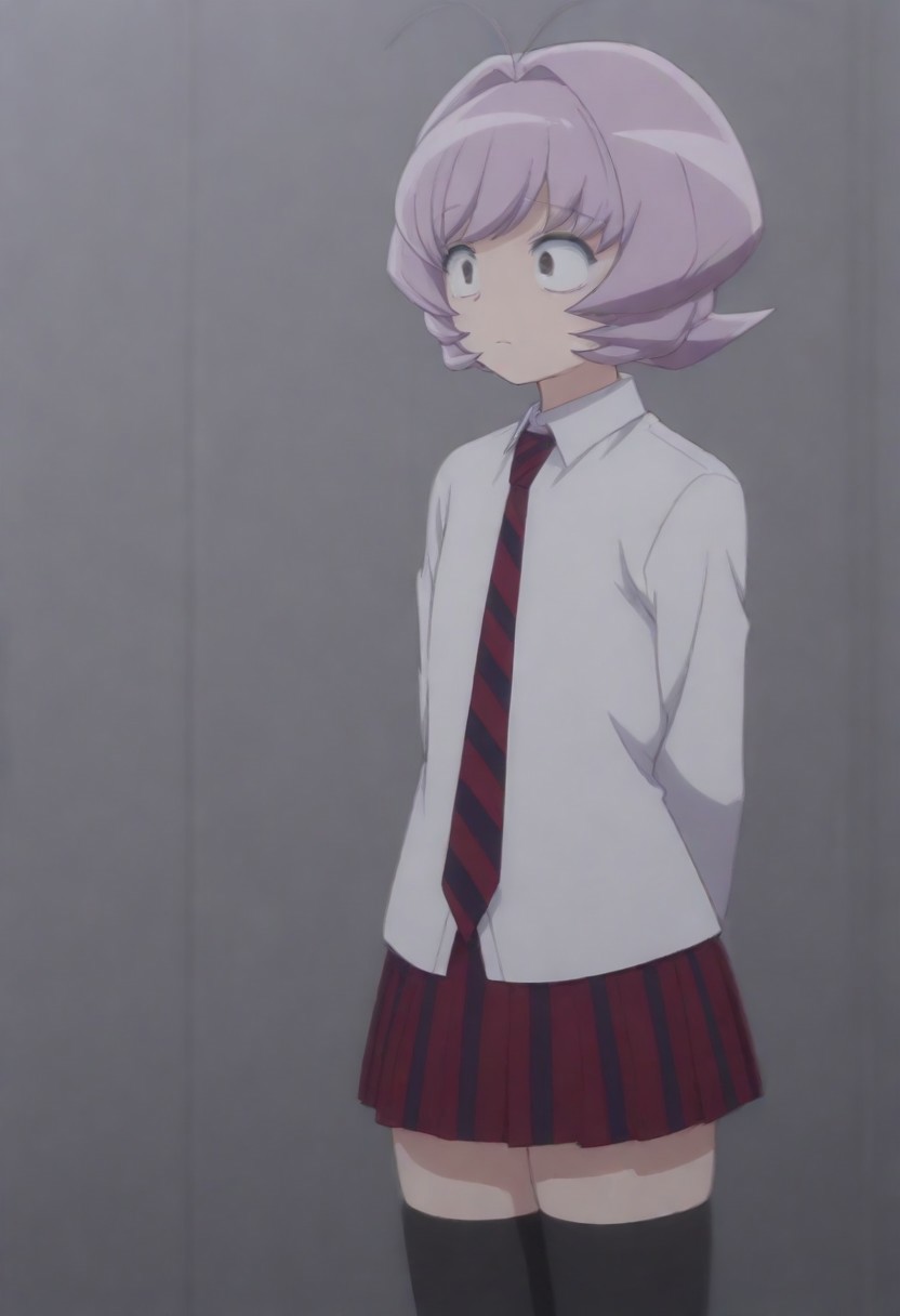 masterpiece, best quality, amazing quality,,, shiny skin,,,,,<lora:Osana_Najimi_cnn:0.8> osananajimicnn,,short hair, brown eyes,androgynous, light purple hair, school uniform, white shirt, striped necktie,striped skirt, pleated skirt,black thighhighs,