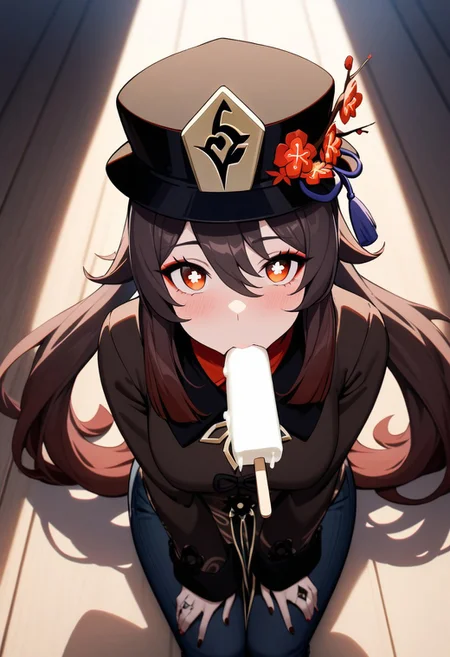 (masterpiece), (best quality), (ultra-detailed),
1 woman, elegant face,
light particle, particle, shadow, detailed lips , black detailed pupils, blushing,
Hu tao, Genshin impact, twin tails, hat,
Masterpiece, from up view, indoors, colorful, moody lighting, makeup, eyecontact, looking at viewer, black eyeliner, cute, puffy pouty lips,
sitting, simulated_felatio, oral, (popsicle), tongue, tongue_out, sexually_suggestive, open_mouth, saliva, saliva_trail, dripping, drool, naughty_face, motion_lines, dynamic, sweat, breasts_covered, impossible shirt, jeans,