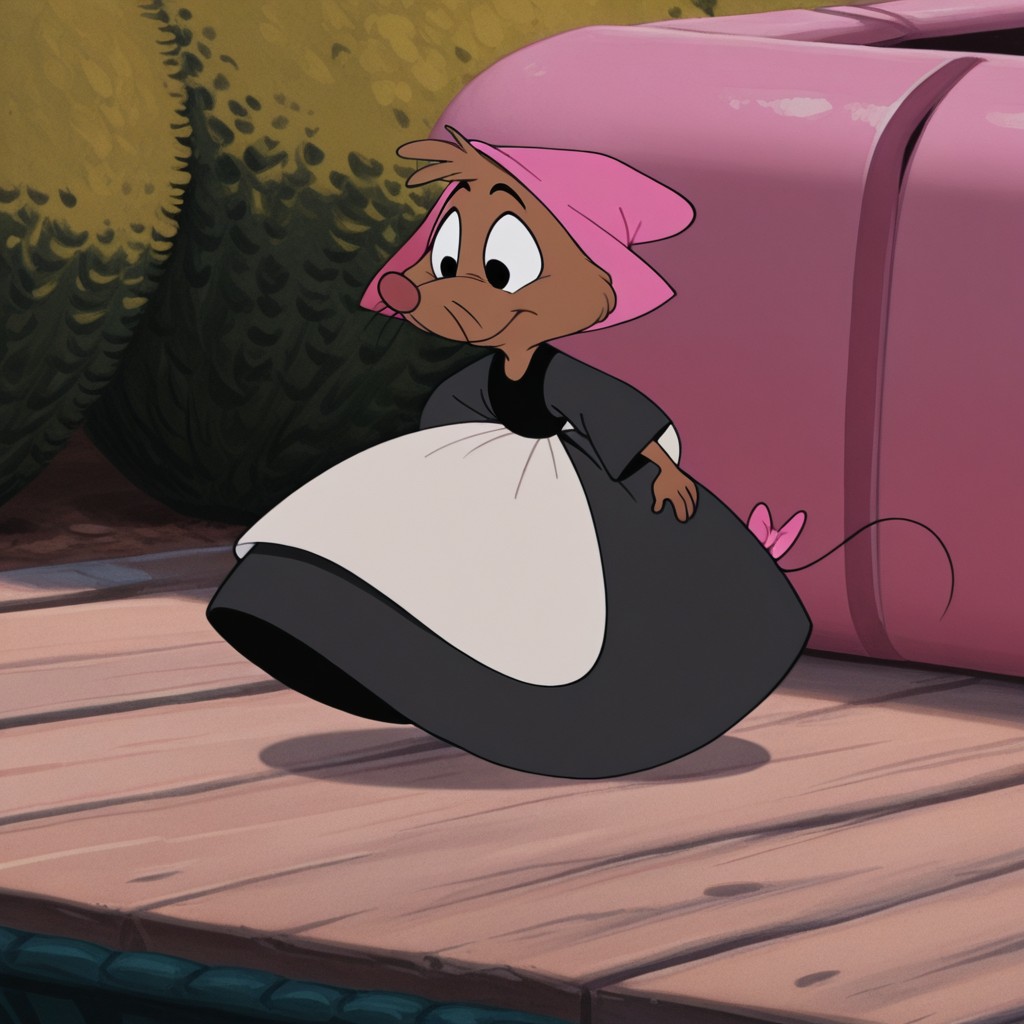 masterpiece, best quality, amazing quality, Cindermiceil, semi-anthro, female,  mouse_girl, brown fur,  black eyes, whiskers, black dress, white apron, pink hat, pink tailbow, standing, outside,, <lora:8cd63573-bfab-4d45-8843-1764db4427c5:1.0>