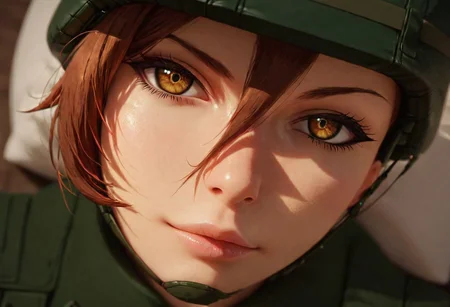 1girl,score_9, score_8_up, score_7_up,score_6_up, Expressiveh, 1dk, score_9, solo, perfection, perfect hands, realism, zoomed out, full body view, smirk, relaxed,
on bed,
shiho, army, vest, helmet,
