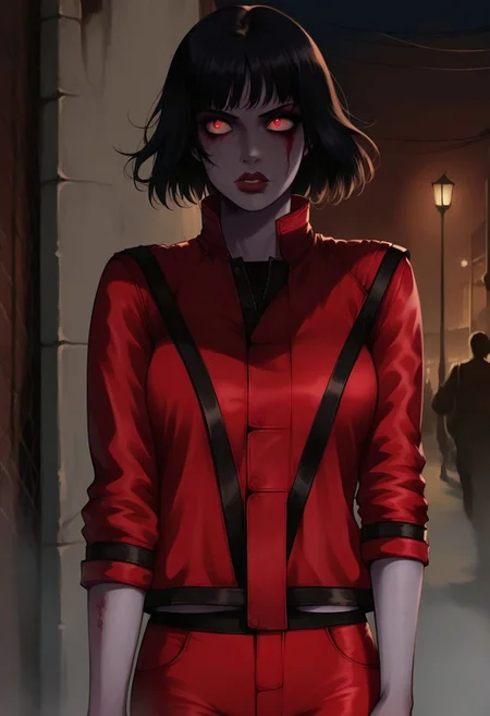 score_9, score_8_up, score_7_up, detailed face, leather jacket, red jacket, red pants, 1girl, solo, thr1llerz, street, night, zombie, walk, cowboy shot, grey skin, black hair, short hair, sinozick style, flat color, dark theme, rolled sleeves,