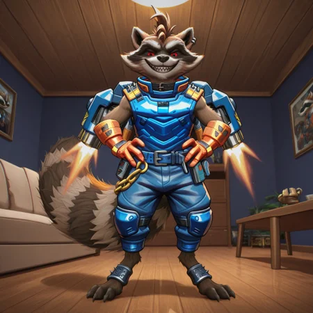 masterpiece, best quality, amazing quality, riv4lsrock3t, male, furry male, anthro, solo, raccoon, brown fur, two-tone fur, short hair, orange sclera, red eyes, black nose, whiskers, sharp teeth, 3 toes, sharp nails, busy tail, raccoon tail, short, ear piercing, spikes, blue armored vest, collar, orange gloves, blue belt, chain, blue pants, knee guards, grey ankle bands, jetpack, standing, hands on hips, smile, looking at viewer, indoors, living room