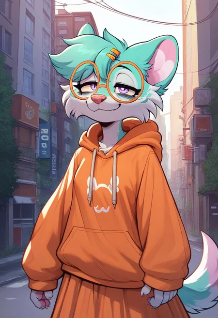 (source_furry, score_9, score_8_up, score_7_up, score_6_up, score_5_up, score_4_up), BREAK solo,1girl, furry, berrsea, dog, hair tuft, purple eyes, eyelashes, chimera fur, aqua fur, pink fur, stripes, pawpads, claws, half-closed eyes, smile, bags under eyes, orange glasses, round eyewear, hairclips, loose hoodie, long skirt, outdoors, urban environment, medium-shot, portrait