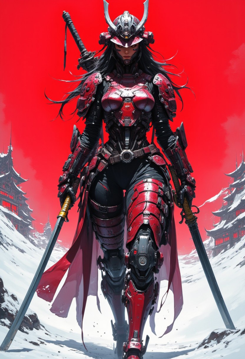 cyberpunk anime style, a stunning japanese female warrior, long flowing hair, wearing samurai armour and helmet, holding a katana with both hands on a snowy battlefield, theme in neon, red and black colour, high quality, highly detailed
