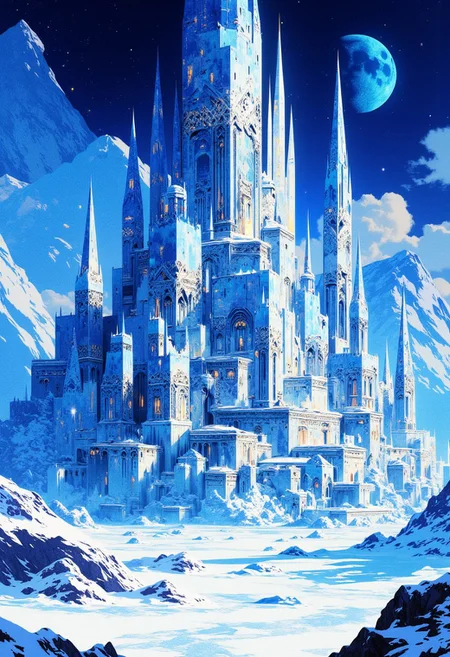 Inkpunk Anime, blue and white theme, Abstract digital painting in the style of ck-js, icy snow-covered landscape landscape, a glittering fantasy city, with high towers of alabaster and marble, nestles in an icy, snow-covered plain, with snow-capped mountains behind. The sky is a dark blue, with a moon hanging low in the horizon
