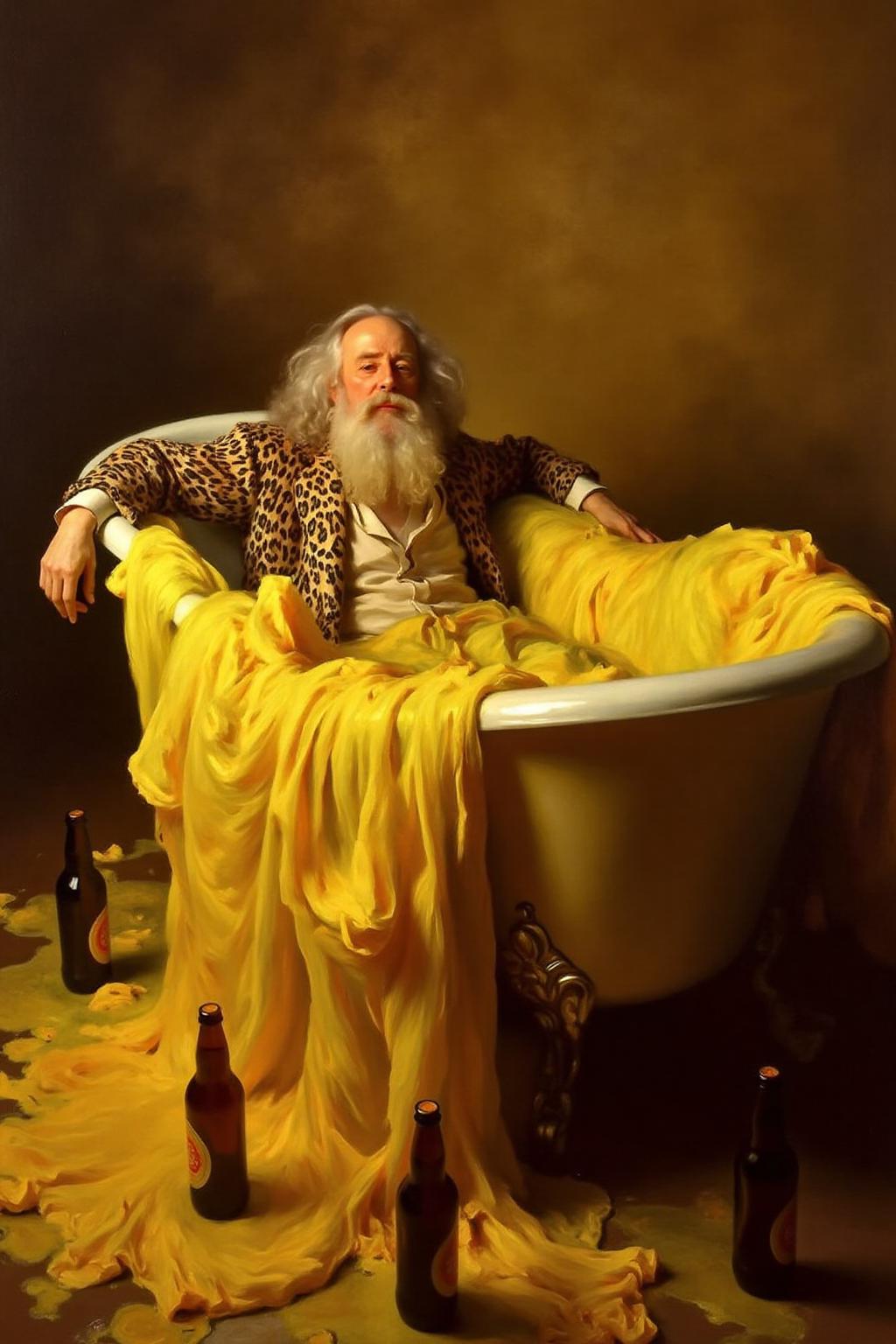 johnss1 painting.
A surreal scene of an eccentric older man with a wild white beard and long hair relaxing in an overflowing vintage bathtub filled with bright yellow foam. The man wears a leopard-print robe and leans back confidently with a carefree expression. Beer bottles are scattered around the bathtub and on the floor, while the yellow foam spills over the edges and fills the air, creating an almost volcanic, chaotic atmosphere. The lighting is dramatic and cinematic, with warm golden hues emphasizing the foam and giving the scene a playful, party-like energy.
 <lora:johnss2_cap_d6a3:1.0><lora:829200168999148764:0>