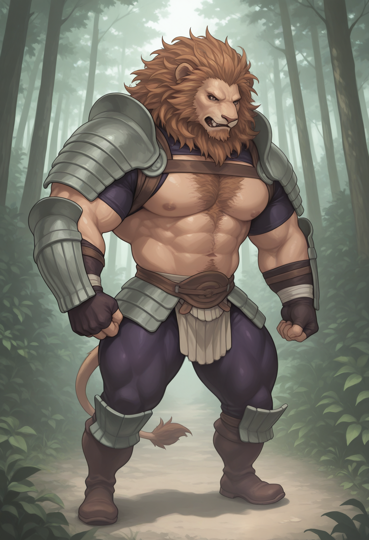 masterpiece,best quality,amazing quality, 1boy, solo, m0r4rd, lion boy, arm armor, purple pants, tassets, brown boots, kneecaps, purple open shirt, chest harness, arm bandage, armor, full body, manly,  colored sclera, chest hair, forest, impressed, glistening body, shiny body,