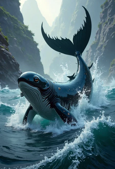 A yfg-bgy, its powerful tail lashing back and forth, swims through the turbulent waters.