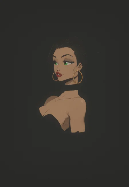jjco, (Blend_in, black background), score_9, score_8_up, score_7_up, masterpiece, best quality, absurdres, vibrant, highly detailed, very aesthetic, (sidelightning, upper body), mature, beautiful, stunning, 1girl, solo, gorgeous 39-year-old Russian MILF, green eyes, long silky black hair, thin gold hoop earrings, satin choker band, (tanned skin:0.8), (matte red lips:1.2), black evening dress, elbow gloves, black clothes, bare shoulders, looking to the side, seductive smile, head turned to the side, arms at sides