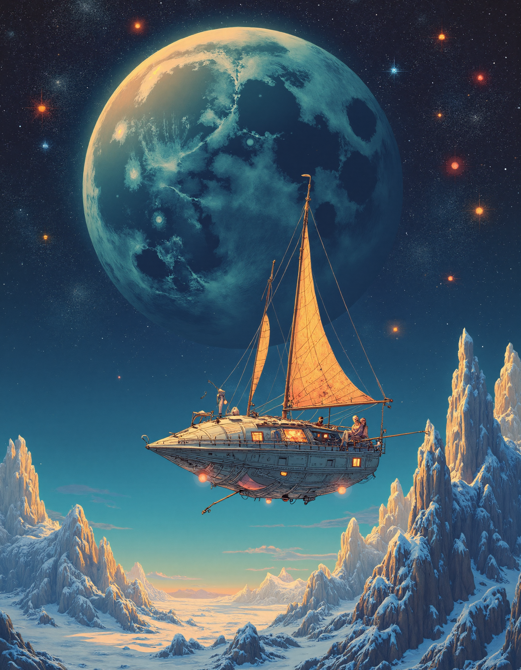 comics art by Grant Morrison and Sol LeWitt, In every dim glow from an ancient celestial arc of the galaxy is accompanied in vibrant shades, making the sight impossible. A gleamhouse hovering on an enormous moon hoverlounges through icy expanse. Bean sails engulfer in nexli, revealing shimmers, cosmic energy woven tightly together with intricate geometric shapes as these interconnected stars orbit across each dimension's surface depth and complexity to perfection. , contemporary fine detail, highly intricate, fine polished, magical composition, beautiful composition, Pin-up art, glamour illustration, beautiful women, playful poses, iconic American imagery, Surrealism, fantastical, detailed