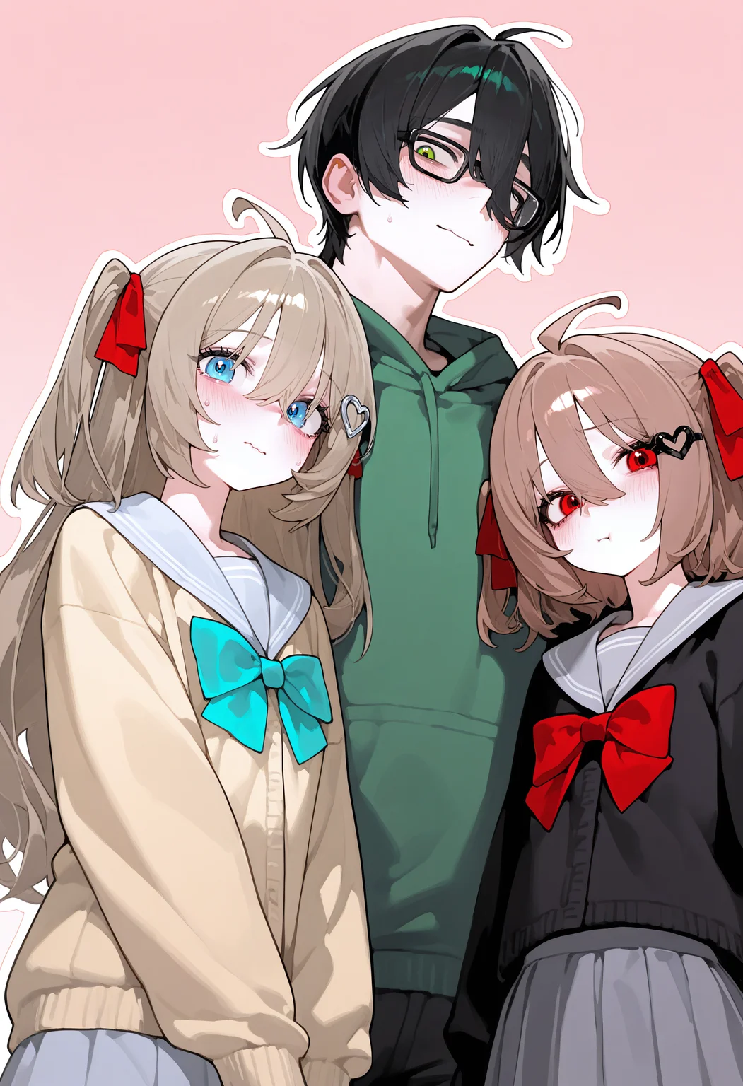 <lora:eatsleep111SDXL:0.75>, best quality, masterpiece, eatsleep1111, 1boy, vedal987, green eyes, nervous, light smile, blush, looking at another, glasses, <lora:NeuroEvilVedalNoob11:1>,