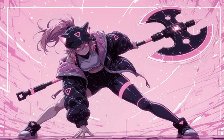 <lora:To be hero X - LoliX:1> lolix \(to be hero x\), 1girl, pink background, open jacket, white top, animal ears, closed mouth, hair between eyes, ponytail, black headwear, sports pants, single thighhigh, earrings, full body, battle axe, futuristic axe, dynamic pose, <lora:ck-nc-cyberpunk-IL:0.4> cknc, abstract background,  <lora:3Y3S_style:0.5> 3y3s_illu, 1girl, purples eyes, glowing eyes, dash