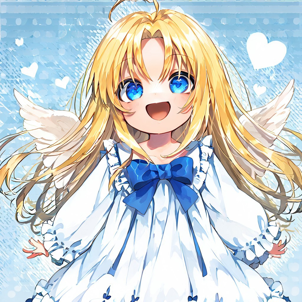 score_9, score_8_up, score_8, score_7_up, 
1girl, solo, AEFilo, blue eyes, blonde hair, ahoge, long hair, white wings, blue bowtie, white dress, frilled dress, frilled sleeves, long sleeves, barefoot, polka dots background, smile, open mouth, close shot, cute girl, looking at viewer,
cute, kawaii, hearts, heart in mouth,