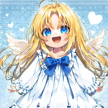 score_9, score_8_up, score_8, score_7_up, 
1girl, solo, AEFilo, blue eyes, blonde hair, ahoge, long hair, white wings, blue bowtie, white dress, frilled dress, frilled sleeves, long sleeves, barefoot, polka dots background, smile, open mouth, close shot, cute girl, looking at viewer,
cute, kawaii, hearts, heart in mouth,