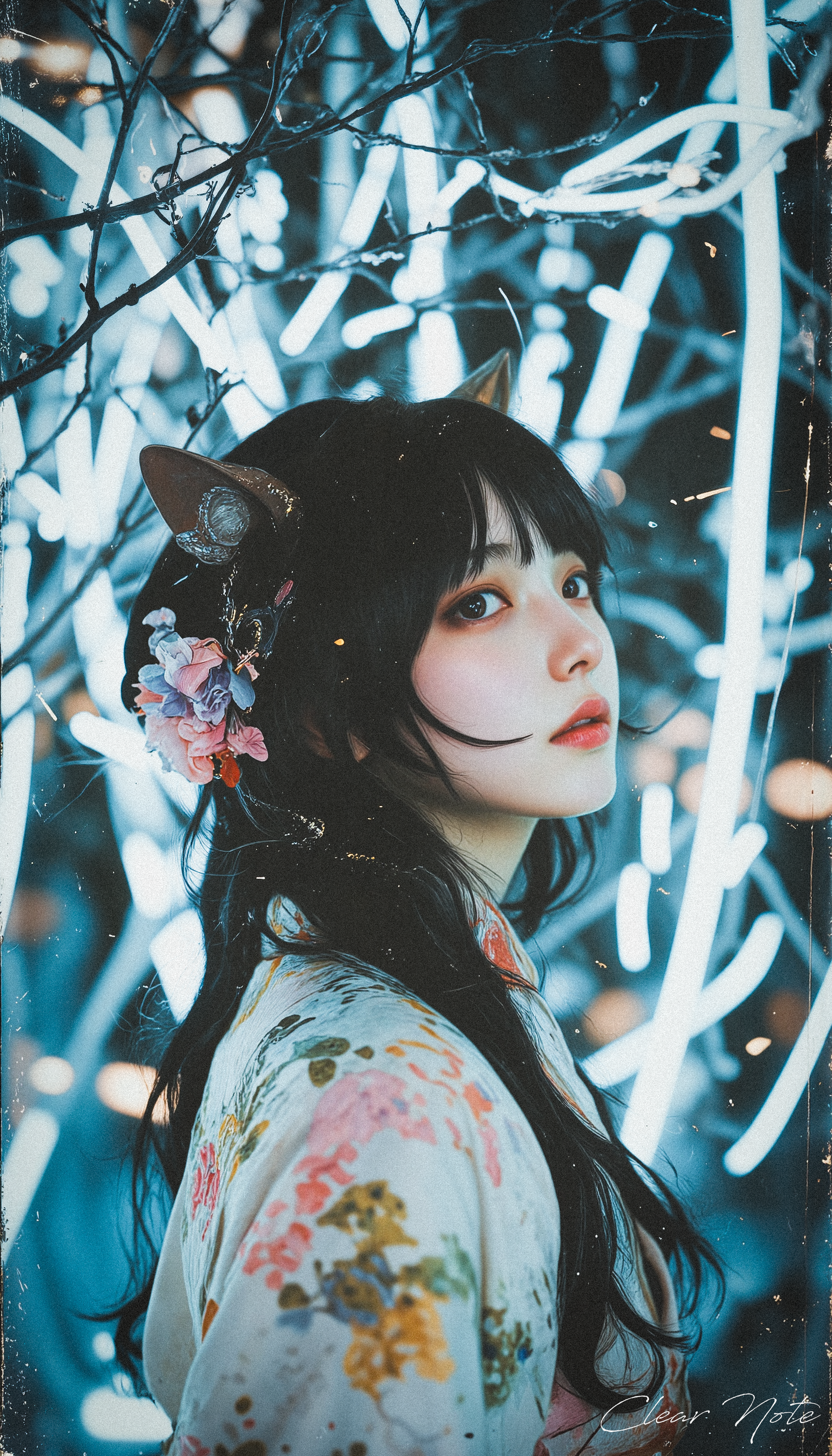Neo Photorealistic Art Style, A Japanese girl with fox ears and flowing black hair wears a floral white furisode. She embodies Neo-Japan futurism, set in a surreal, intricate white background of modern complexity.
