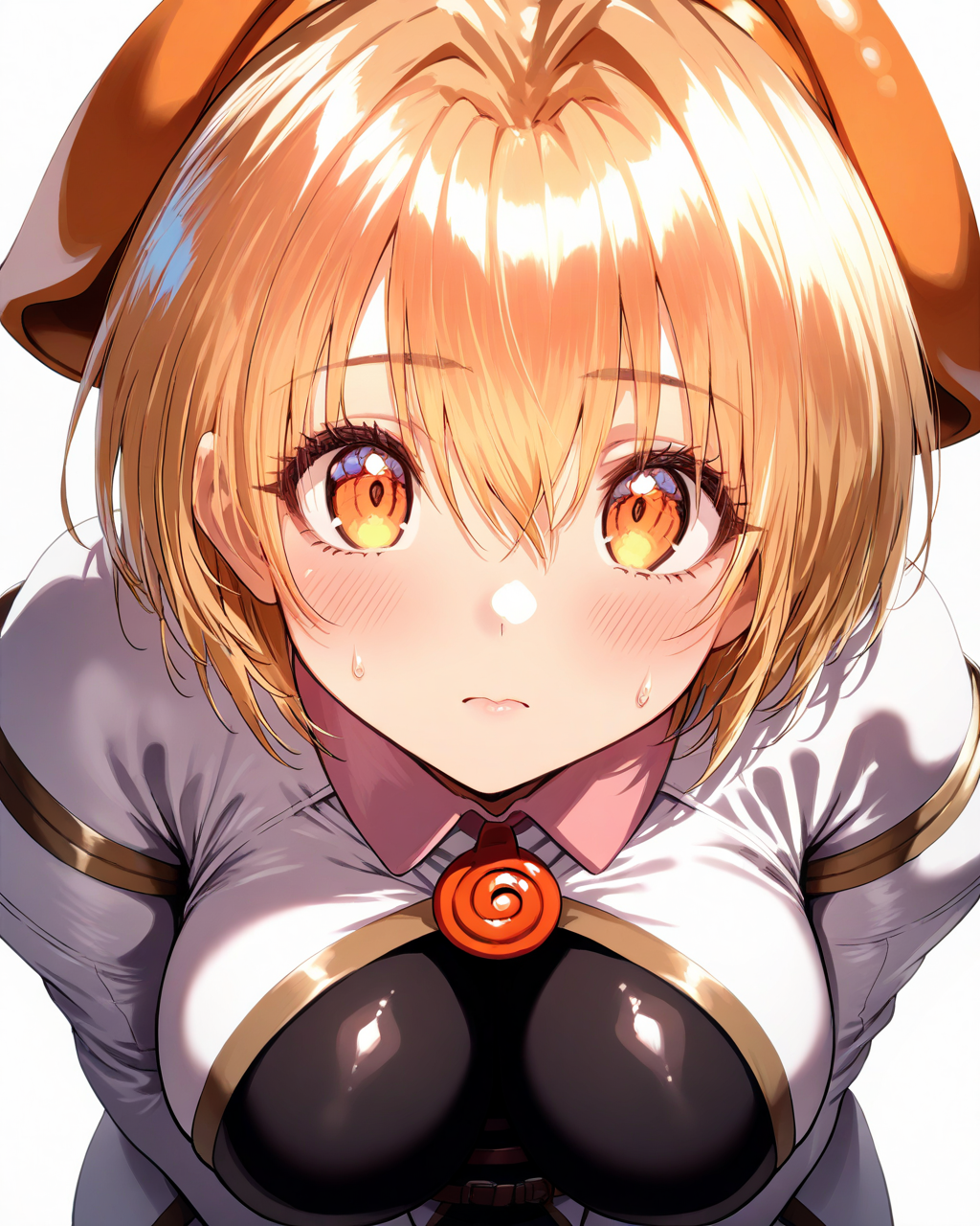 1girl,
GabrielBastard,
safe, solo, perspective, close-up, upper body,
short hair, orange hair,
beret,
leaning forward
orange_eyes, looking at viewer, sweatdrop,
white coat, brooch, black leotard,
huge breasts, belt,
simple background, white background,
field of depth,
<lora:kp_GabrielBastardAnimagineXL_v1_0:1.0>,
masterpiece, high score, great score, absurdres