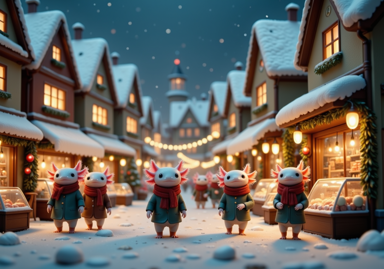 wide angle tilt shift image of a Nordic winter village with tiny anthropomorphized axolotls with pink frilly gills dressed in little winter outfits walking around in a town square at night each one mid stride as they walk, the town has Christmas decorations, a market street in the center with all of the axolotls walking and browsing the stores<lora:Axomodel_Flux_V2.safetensors:0.85:0.85>