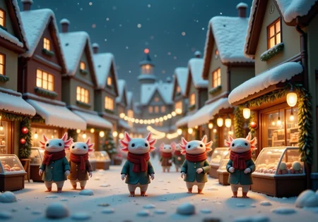 wide angle tilt shift image of a Nordic winter village with tiny anthropomorphized axolotls with pink frilly gills dressed in little winter outfits walking around in a town square at night each one mid stride as they walk, the town has Christmas decorations, a market street in the center with all of the axolotls walking and browsing the stores<lora:Axomodel_Flux_V2.safetensors:0.85:0.85>