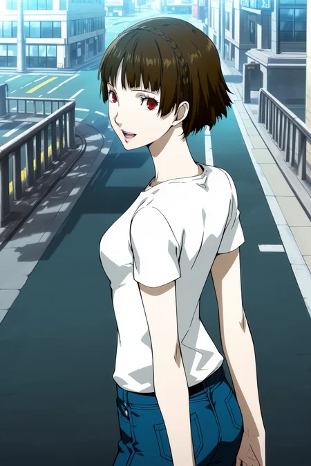<lora:Persona_5_Royal_and_Strikers_2D_cutscene_art_style_Illustrious_V2:1>
masterpiece, anime screencap, anime coloring, official art, Shigenori Soejima,
outside, in a city,
1girl, solo, Makoto Niijima, niijima_makoto, persona, 1girl, brown_hair, red_eyes, from behind, wearing cute clothes, white t-shirt, blue jeans, medium breasts, looking back at the viewer, smile, :D, cowboy shot