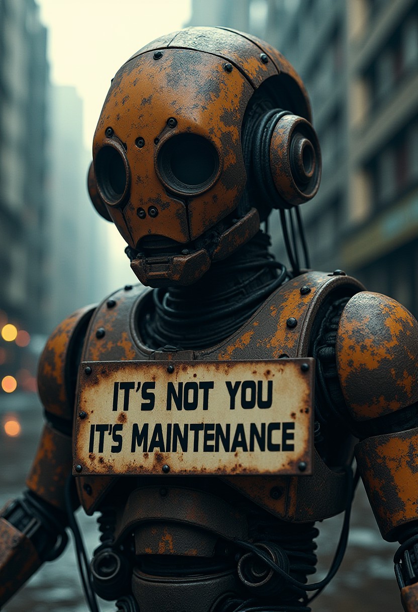 sinister, dark, dusk, abandoned, old, damaged rusty mech, holding a sign "IT'S NOT YOU, IT'S MAINTENANCE", in an overgrown , frame weathered and worn, detailed. futuristic city environment, post-apocalyptic
