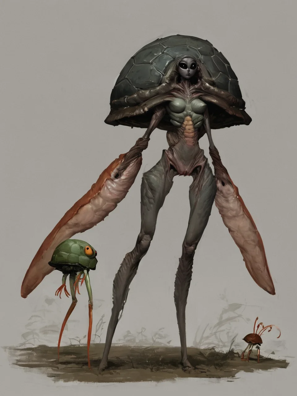 alien girl, humanoid, long legs, turtle, lobster, black eyes, black sclera, huge eyes, breasts, no nipples,
<lora:Alien_Concept_Art:1>, score_9, score_8_up, score_7_up,, <lora:Oil Gothic Painting Style SDXL_LoRA_Pony Diffusion V6:0.8>, rating_explicit