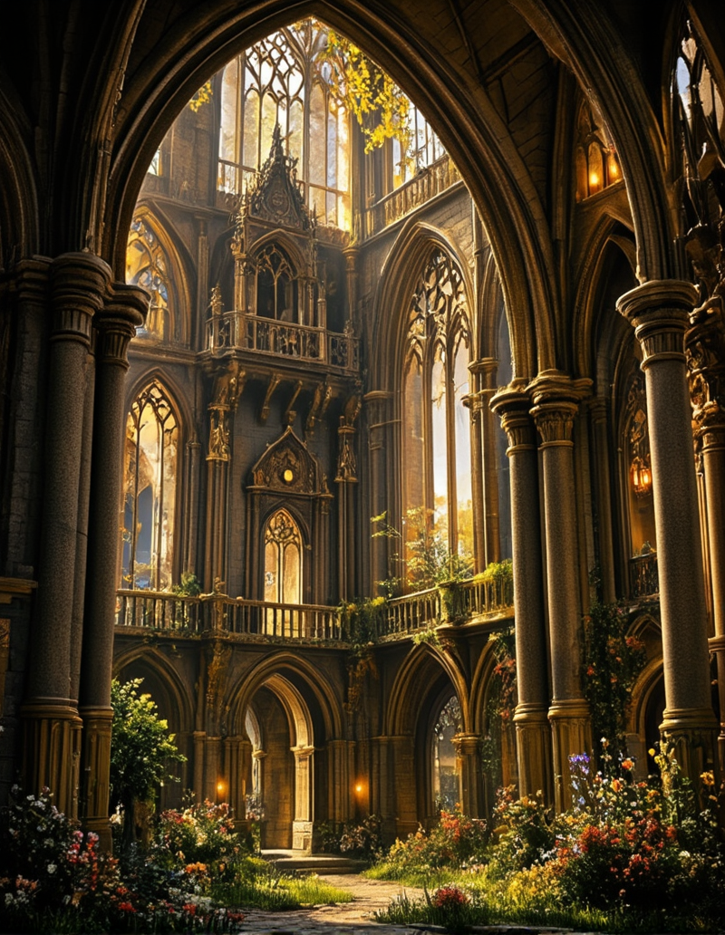 <lora:MW_Minis02flux:1> absurdres, bokeh, breaking in, closeup, columns, dark, enormous, epic, epic details, epic scale, fantasy, fire veins, flowers, gold, grass, huge, illuminated windows, indoors, medieval, medieval buildings, open jaw, t2, t5, towers, yellow