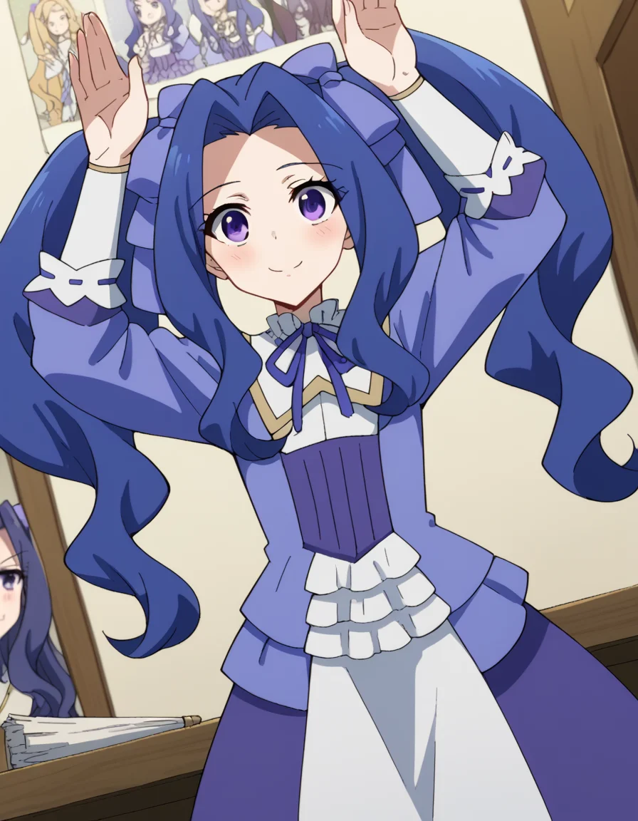 score_9, score_8_up, score_7_up, source_anime, <lora:melty-q-melromarc-s1-ponyxl-lora-nochekaiser:1>, melty q melromarc, long hair, ribbon, twintails, blue hair, purple eyes, hair ribbon, purple ribbon, parted bangs,, long sleeves, dress, frills, ribbon trim, purple dress,, clubroom, posters, meeting table, decorations, student council, , <lora:rabbit-pose-ponyxl-lora-nochekaiser:1>, rabbit pose, smile, blush,, looking at viewer, solo,, dutch angle, cowboy shot