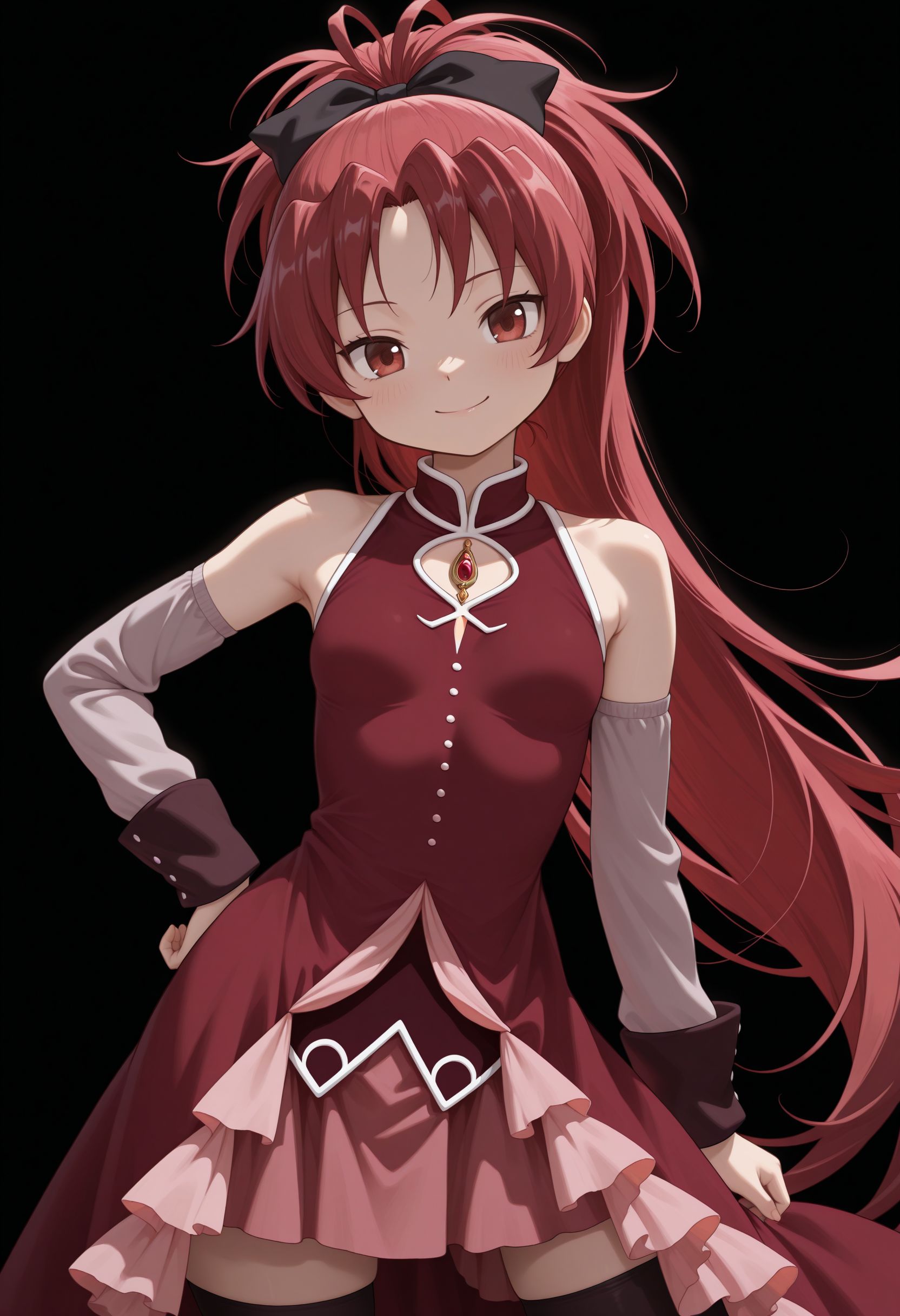 masterpiece, best quality, amazing quality, very awa, looking at viewer,
feet out of frame, armpit peek, 
straight-on, smile, looking at viewer, head tilt, contrapposto, v,, ,, (simple background, black background:1.1), <lora:Sakura Kyoko illu v2:1> 1girl, long hair, bow, ponytail, hair bow, red hair, red eyes, ribbon,, black bow, bare shoulders, magical girl, detached sleeves, very long hair, black thighhighs, red dress, soul gem, hair ribbon, long sleeves, small breasts