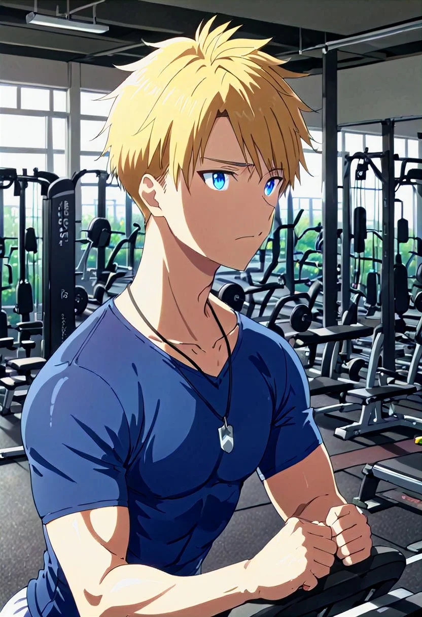 high resolution, solo, best quality, 1Boy, Yamato Ishida, Blonde Hair, Blue Eyes, Necklace, Working out, gym, exercise, exhaust,