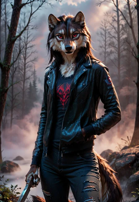 score_9, score_8_up, score_7_up, score_6_up, photorealistic, epiCPhotoGasm-colorfulPhoto, Realistic, highres, super high resolution, 8k, photo, furry, Furry, anthro, fur, female, furry, A brutal wolf, a wolf, in a black torn jacket, with a knife in his hand, long black hair, an evil face, in a half-crouch, red eyes, black loose pants, black forest, fog, fog, fog, nothing visible, dark, very detailed, detailed fur, realistic, realistic, detailed, detailed fur, furry, anthro