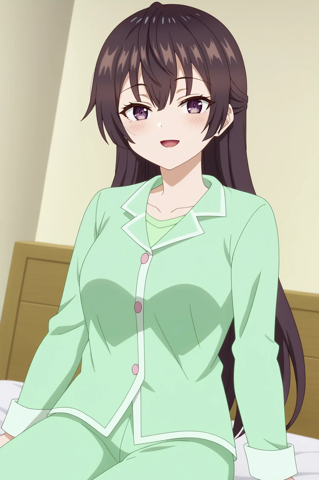 Yuki suou,anime screencap,1girl,solo,mature,purple eyes,long hair,indoors,bedroom,sitting,bed,pajamas,green pajamas,looking at viewer, dutch angle <lora:Yuki_Suou - PDXL2.safetensors:0.8>