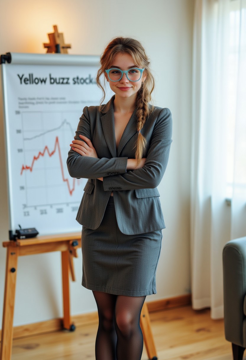 FictionalJulianne,dark blonde hair,side braid,freckles,pastel blue rimmed glasses.
three piece business suit,black stockings and short heels, stern expression on her face.
Arms crossed. Standing next to a whiteboard with a graph of a downward trend line and the text "Yellow buzz stocks"