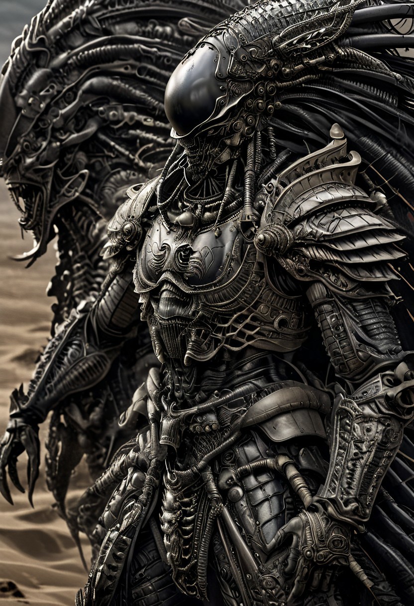 stunning, magnificent, HD, photorealistic, samurai, dramatic lighting, solo, standing alone in a desert, intricate details, intricate armor, intense gaze, mythical, legendary, powerful, ((dark, evening)), cinematic, close-up, art by hr giger,
 armor, science fiction, no humans,
 vintage painting,painting,realism,Americana art,artistic style
