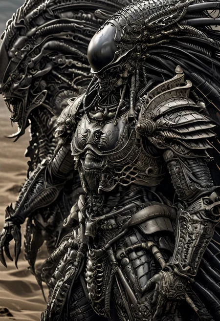 stunning, magnificent, HD, photorealistic, samurai, dramatic lighting, solo, standing alone in a desert, intricate details, intricate armor, intense gaze, mythical, legendary, powerful, ((dark, evening)), cinematic, close-up, art by hr giger,
armor, science fiction, no humans,
vintage painting,painting,realism,Americana art,artistic style