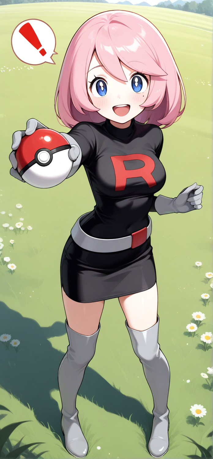 2d, masterpiece, best quality, amazing quality, 1girl, solo, close-up, standing, open mouth, smile, exclamation mark, stretched arm, full body,holding pokeball, looking at viewer, meadow, day, bwyancy, yancy \(pokemon\), blue eyes, white pupils, pink hair, short hair, team rocket grunt \(cosplay\), mole under eye, black hedwear, black shirt, black skirt, thigh boots, grey footwear, grey gloves, belt