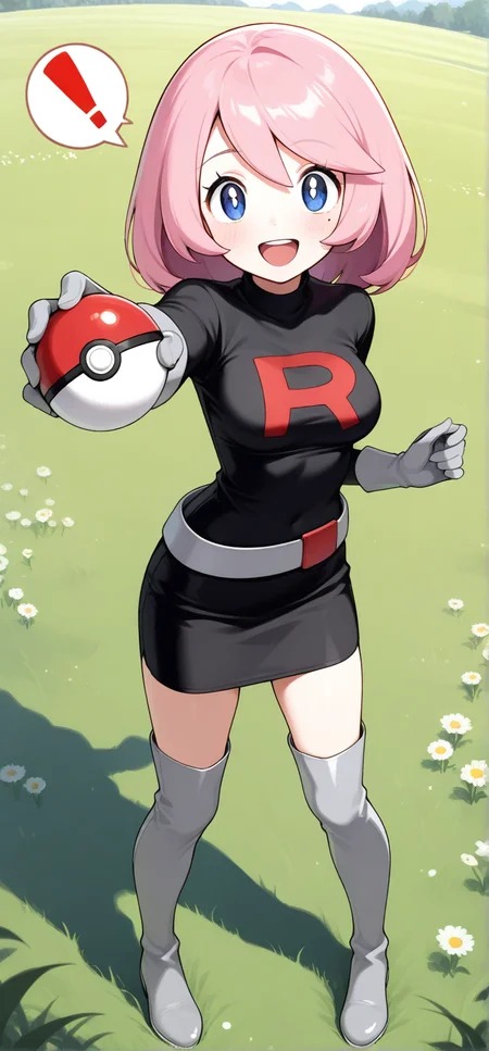 2d, masterpiece, best quality, amazing quality, 1girl, solo, close-up, standing, open mouth, smile, exclamation mark, stretched arm, full body,holding pokeball, looking at viewer, meadow, day, bwyancy, yancy \(pokemon\), blue eyes, white pupils, pink hair, short hair, team rocket grunt \(cosplay\), mole under eye, black hedwear, black shirt, black skirt, thigh boots, grey footwear, grey gloves, belt