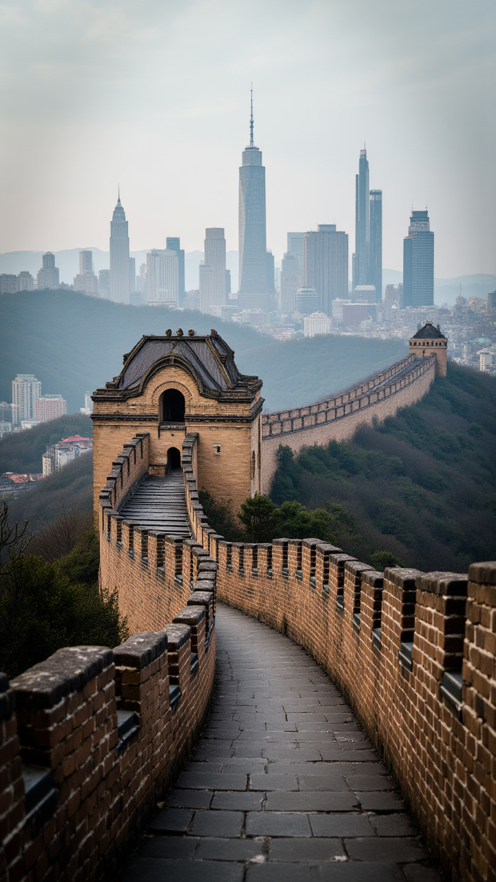boudoir shot of, The Great Wall of China snakes through the bustling city, its ancient brickwork gleaming in the sunlight. Towering skyscrapers made of limestone and glass rise up from the earth, Intimate, sensual, classy, tasteful, aidmaHyperrealism