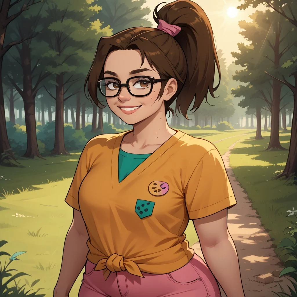 score_9, score_8, BREAK, solo, tied shirt, pink pants, glasses, brown hair, ponytail, mole under mouth, button badges, plump, curvy, sneakers, total drama, Beth_(Total_Drama), cute, breasts, sexy pose, self portrait, smile, outdoors, sunlight, shadows, evening lighting, natural lighting, forest, trees, grass, orange sky, sunset