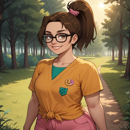 score_9, score_8, BREAK, solo, tied shirt, pink pants, glasses, brown hair, ponytail, mole under mouth, button badges, plump, curvy, sneakers, total drama, Beth_(Total_Drama), cute, breasts, sexy pose, self portrait, smile, outdoors, sunlight, shadows, evening lighting, natural lighting, forest, trees, grass, orange sky, sunset