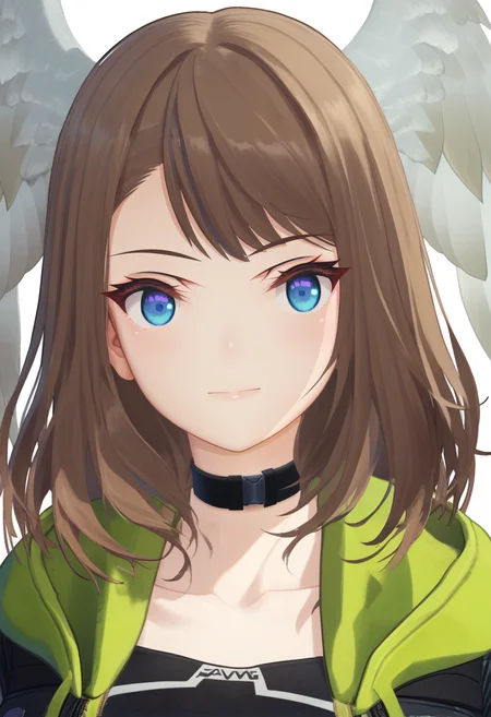 score_9, score_8_up, score_7_up, 1girl, solo, portrait, casual, leather jacket, green hoodie, black bodysuit, black choker, eunie, blue eyes, medium hair, head wings, simple background<lora:eunie xl 065:1>