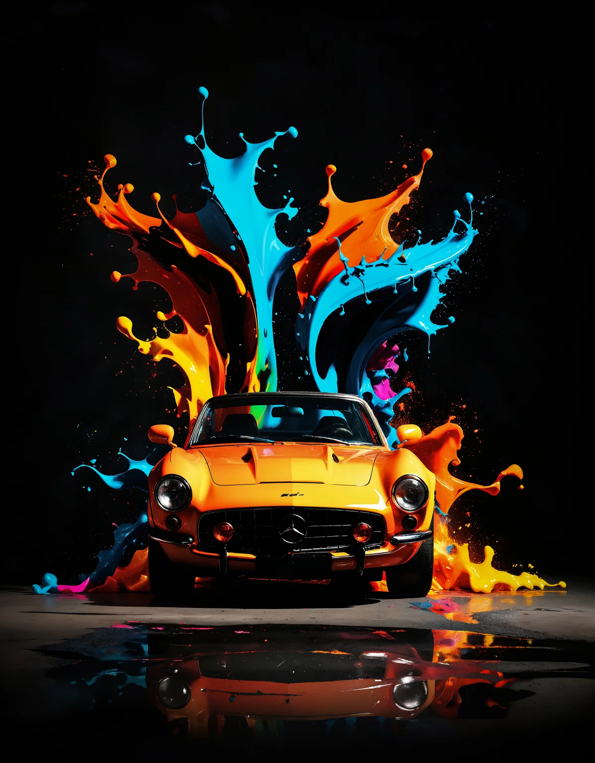 zavy-splsh, paint splash, graffiti style A sport car is surrounded by colorful paint, big fire, liquid wave, Layered style, curved design, black background . street art, vibrant, urban, detailed, tag, mural
