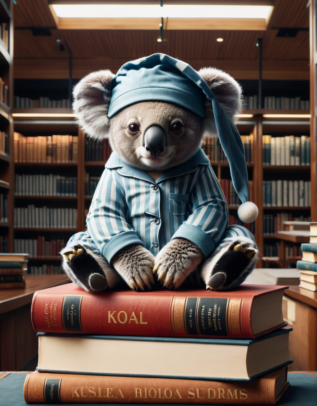 A ais-pyjms koala, perched atop a stack of books in a library <lora:ais-pyjms-sdxl:1>, masterpiece, uhd, 4k