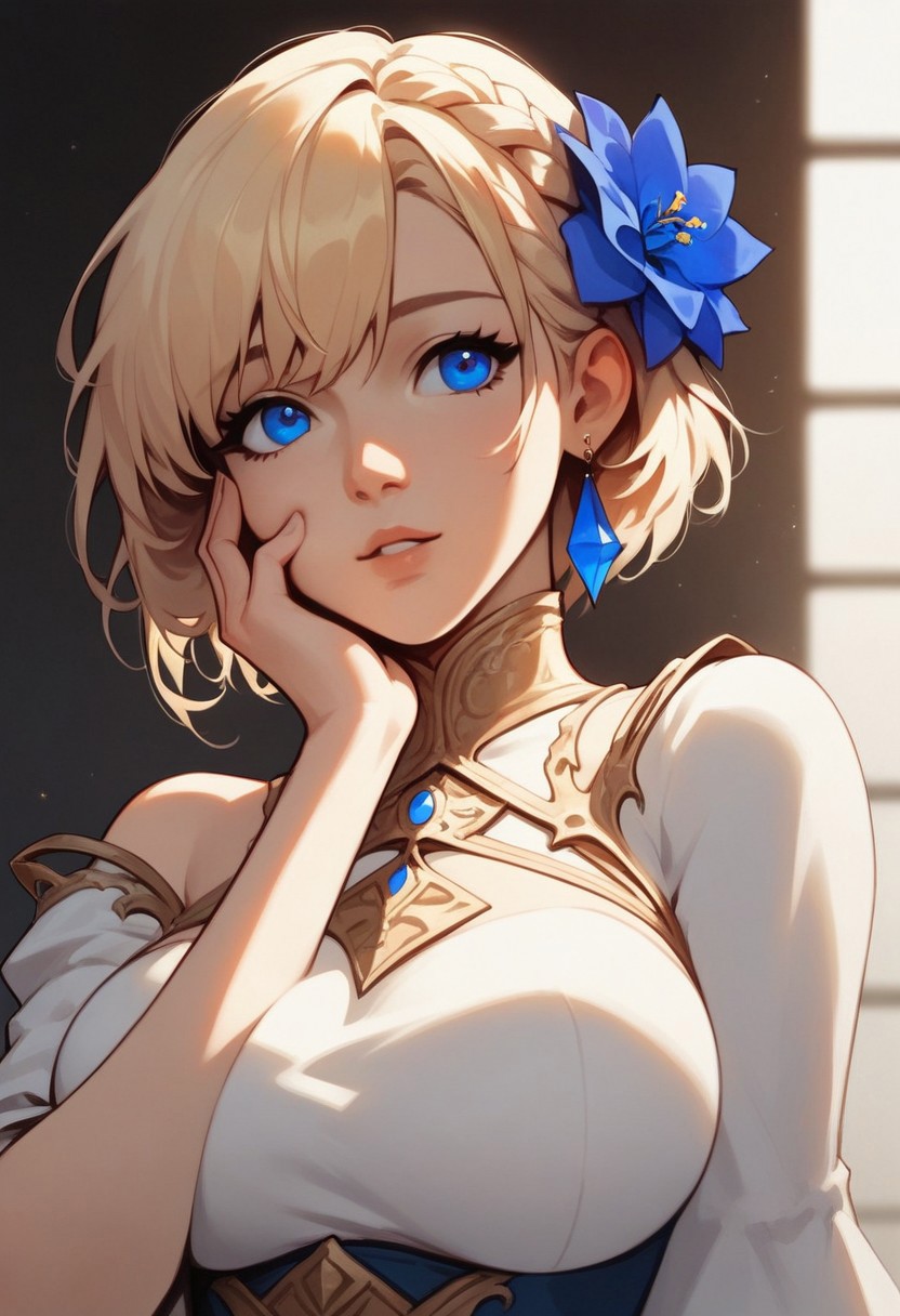 score_9, score_8_up, score_7_up, score_6_up, score_5_up, score_4_up, source_anime BREAK, solo, (Smooth Anime 2), cute, large breast, fantasy, artistic, blond hair, left braid behind ear, long right bangs, short hair, hair, blue long earrings, blue flower in hair, one hand on cheek, one hand held out and open