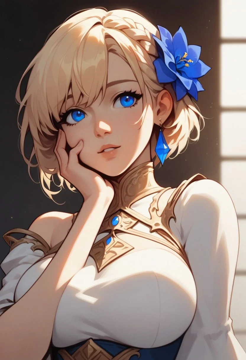 score_9, score_8_up, score_7_up, score_6_up, score_5_up, score_4_up, source_anime BREAK, solo, (Smooth Anime 2), cute, large breast, fantasy, artistic, blond hair, left braid behind ear, long right bangs, short hair, hair, blue long earrings, blue flower in hair, one hand on cheek, one hand held out and open
