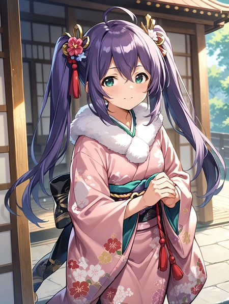 score_9,score_8_up,score_7_up,
official art,official style,game cg,megami magazine,
uncensored,
1girl,solo,
mochizuki anna,purple hair,green eyes,ahoge,long hair,twintails,
japanese clothes,obi,obijime,obiage,kimono,fur-trimmed kimono,fur trim,wide sleeves,
<lora:idolmaster_mochizuki_anna_pony_v1.1-000006:1>,